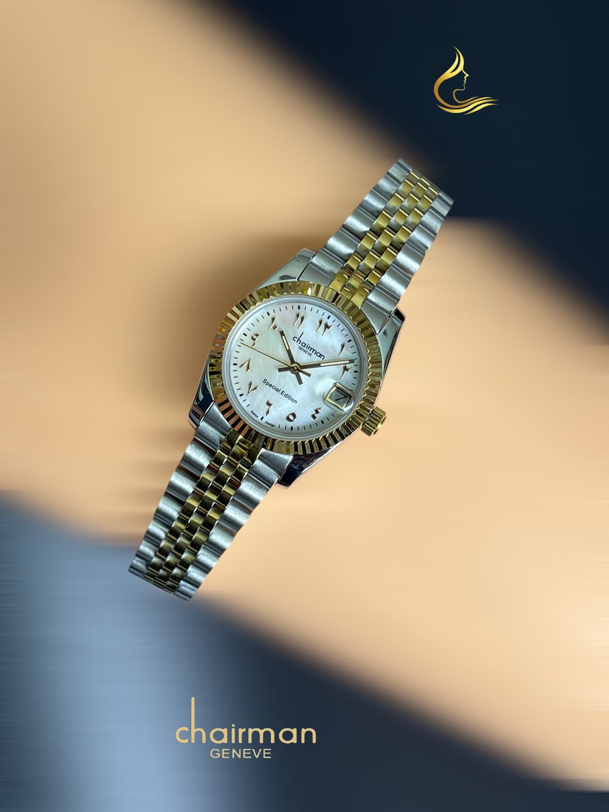 Arabic Dated White Marble Dial Chairman Geneve Silver And Gold Chain Ladies Watch