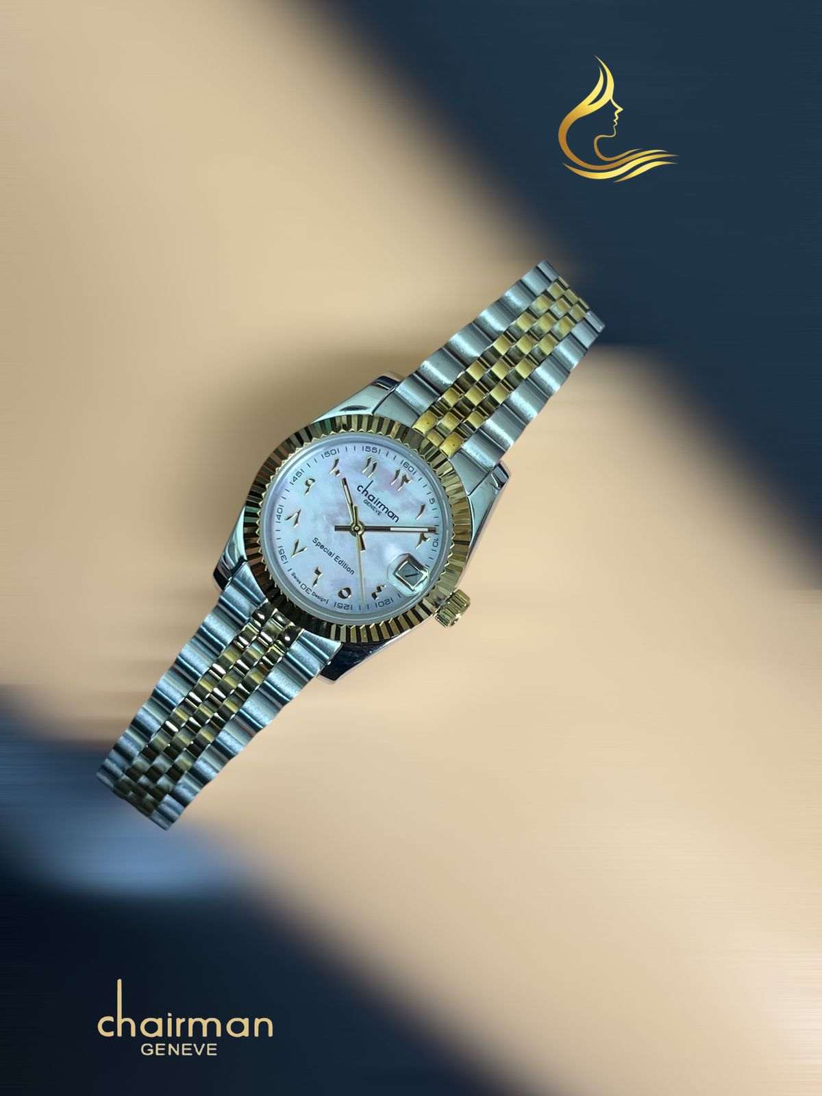 Arabic Dated White Marble Dial Chairman Geneve Silver And Gold Chain Ladies Watch