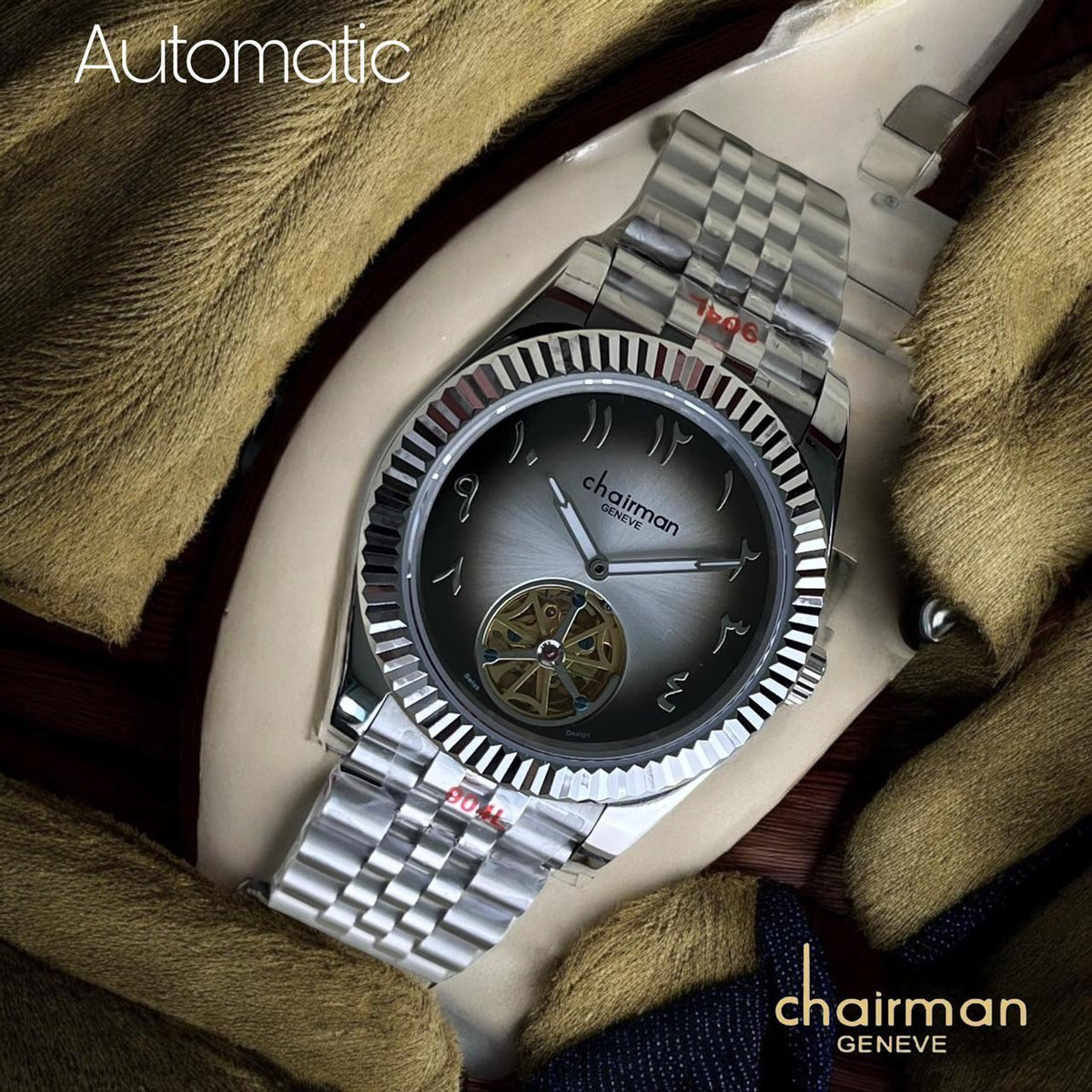 Automatic Chairman Geneve Arabic Grey And Black Dial Silver Chain Gents Watch