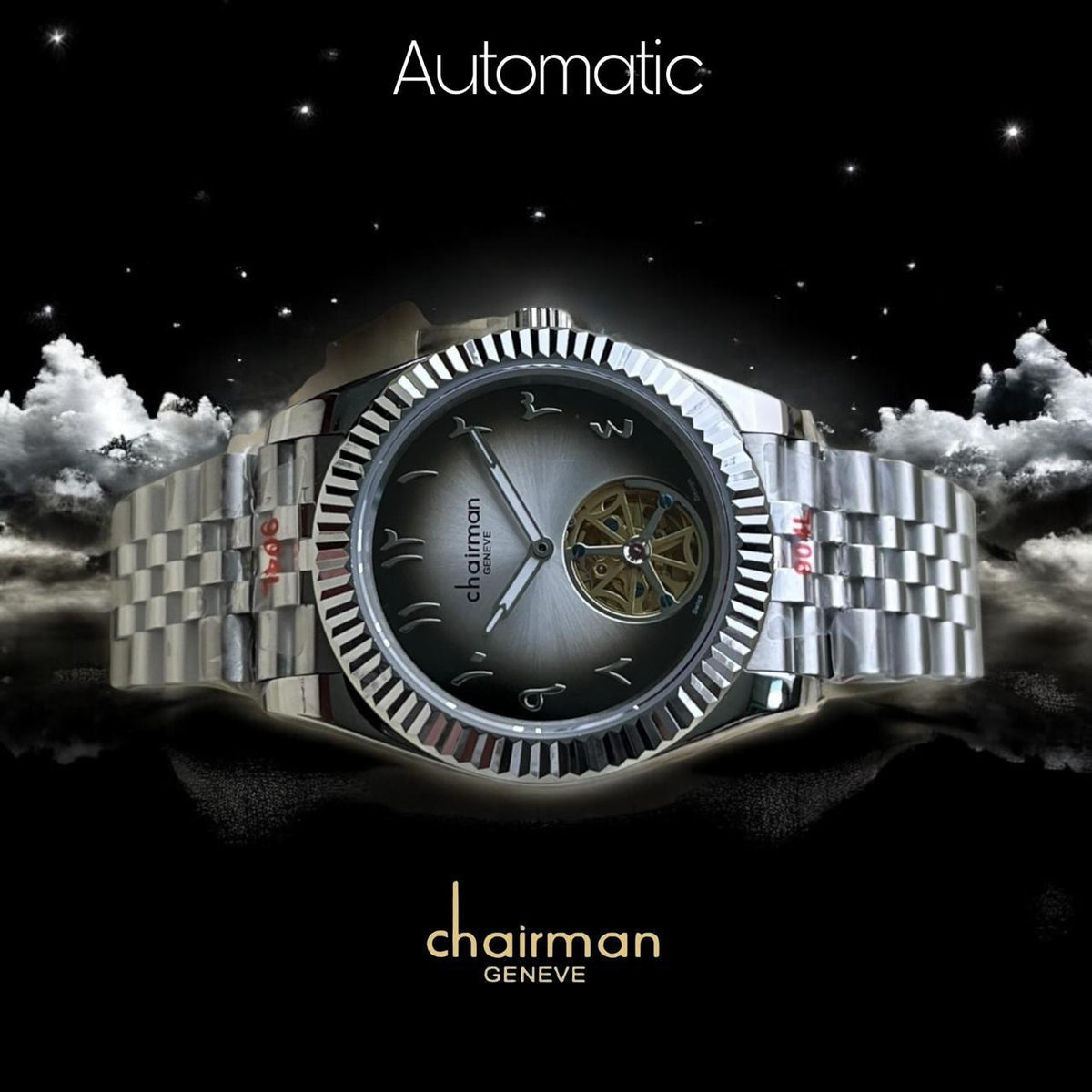 Automatic Chairman Geneve Arabic Grey And Black Dial Silver Chain Gents Watch