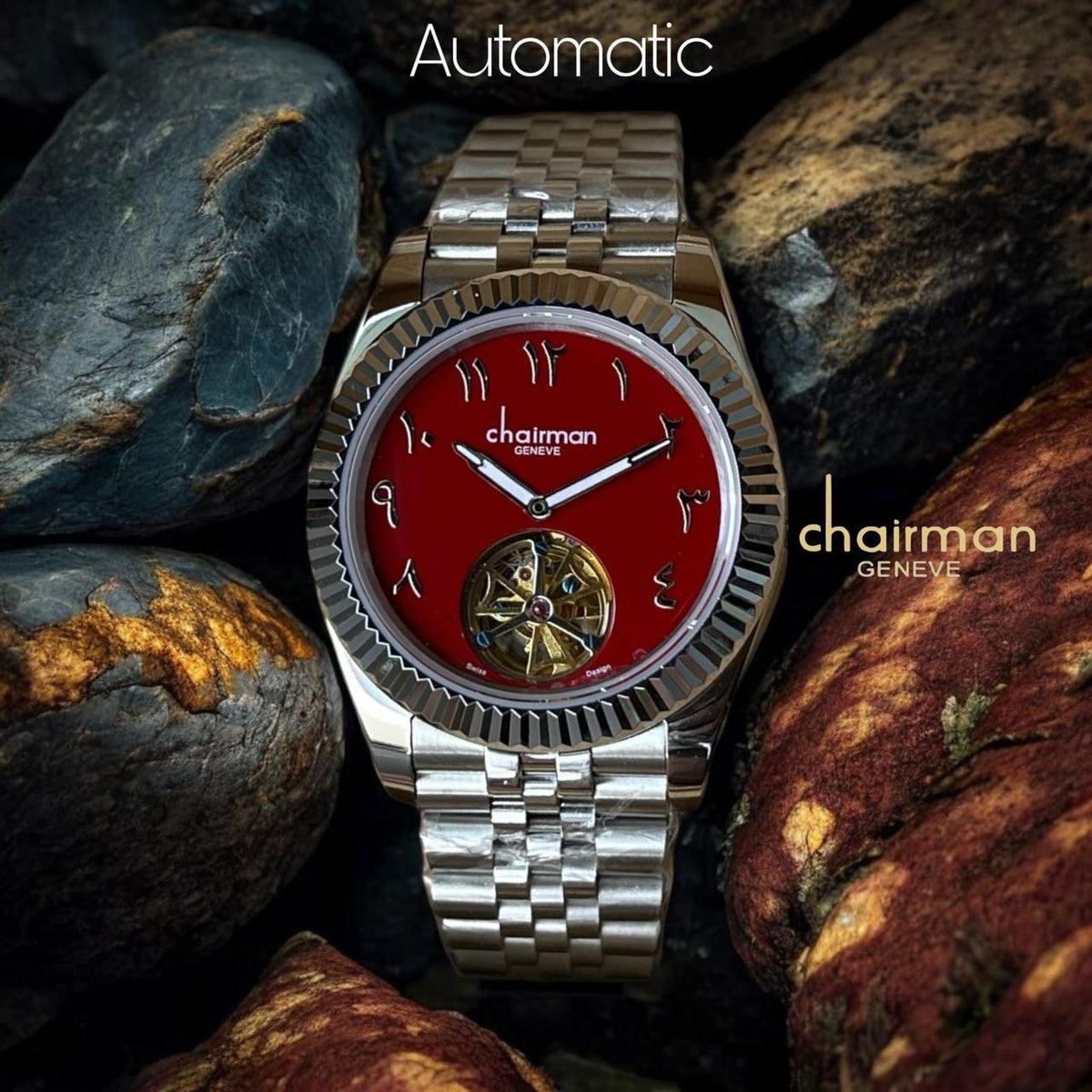 Automatic Chairman Geneve Arabic Maroon Dial Silver Chain Gents Watch
