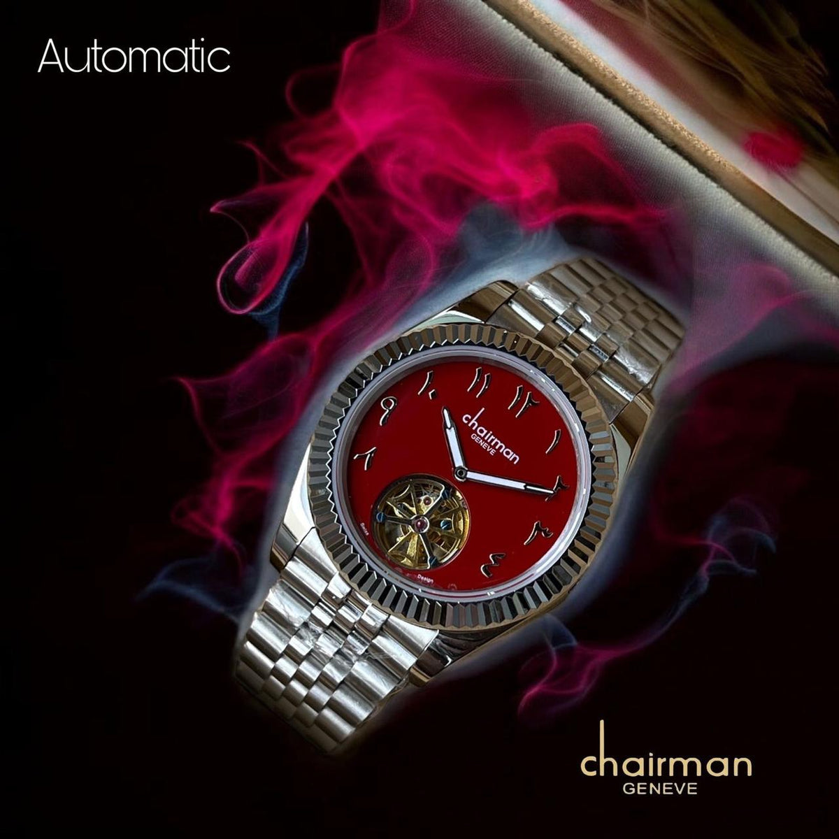 Automatic Chairman Geneve Arabic Maroon Dial Silver Chain Gents Watch