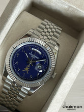 ساعة تشيرمان جينيف للرجال بمينا عربية زرقاء وتاريخ وسلسلة فضية