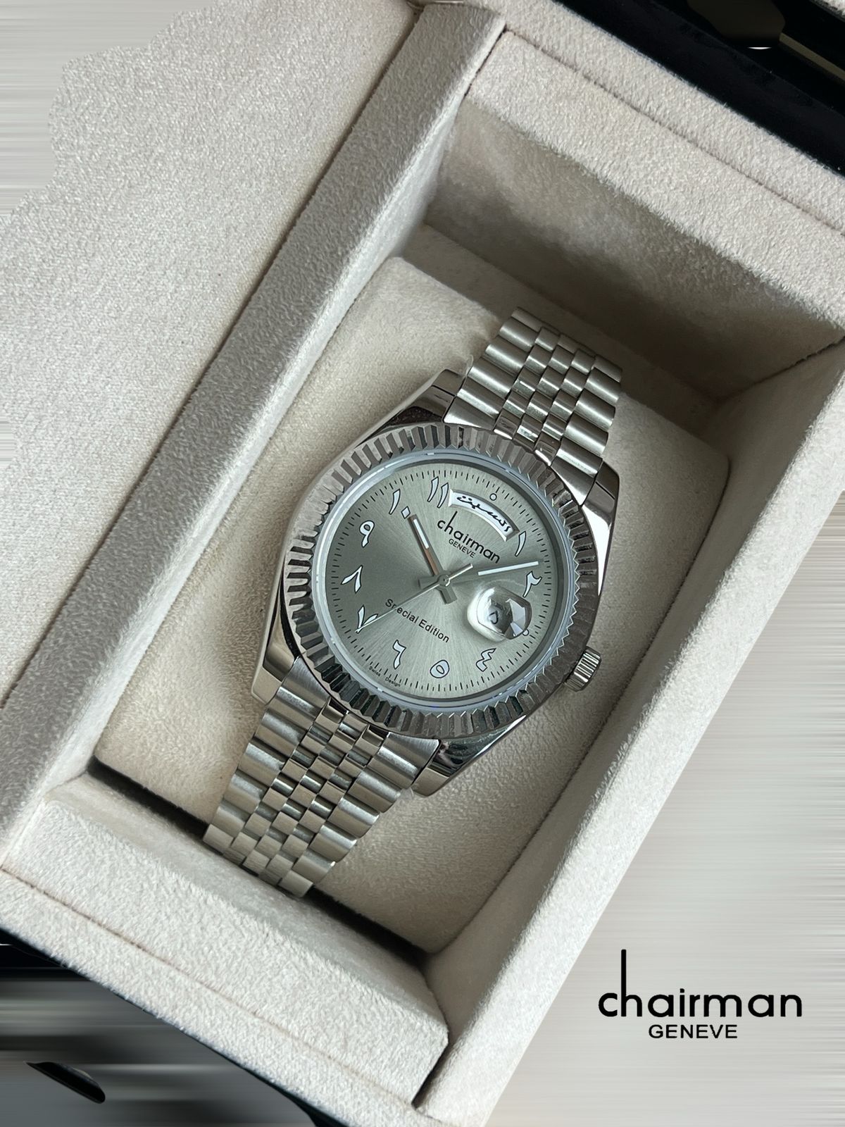 Chairman Geneve Baby Grey Arabic Dated Dial Silver Chain Gents Watch