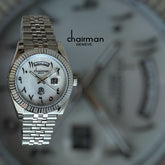 ساعة تشيرمان جينيف للرجال بمينا أبيض وسلسلة فضية وتاريخ عربي