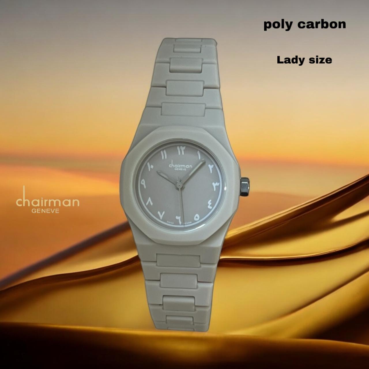 ساعة تشيرمان جينيف بولي كربون بمينا عربية للنساء، مقاس صغير، رمادي فاتح