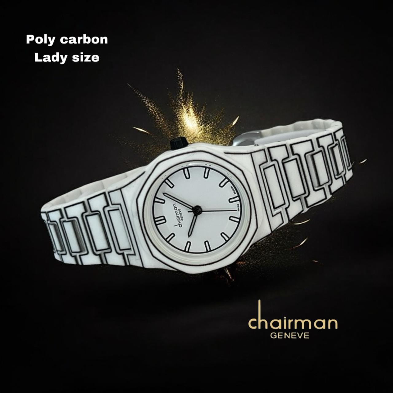 ساعة تشيرمان جينيف بولي كاربون للسيدات باللونين الأبيض والأسود