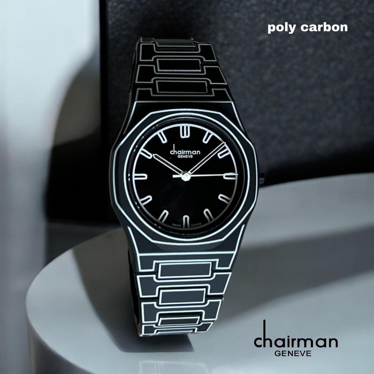 ساعة Chairman Geneve Swiss Design للرجال بمينا سوداء وسوار أسود