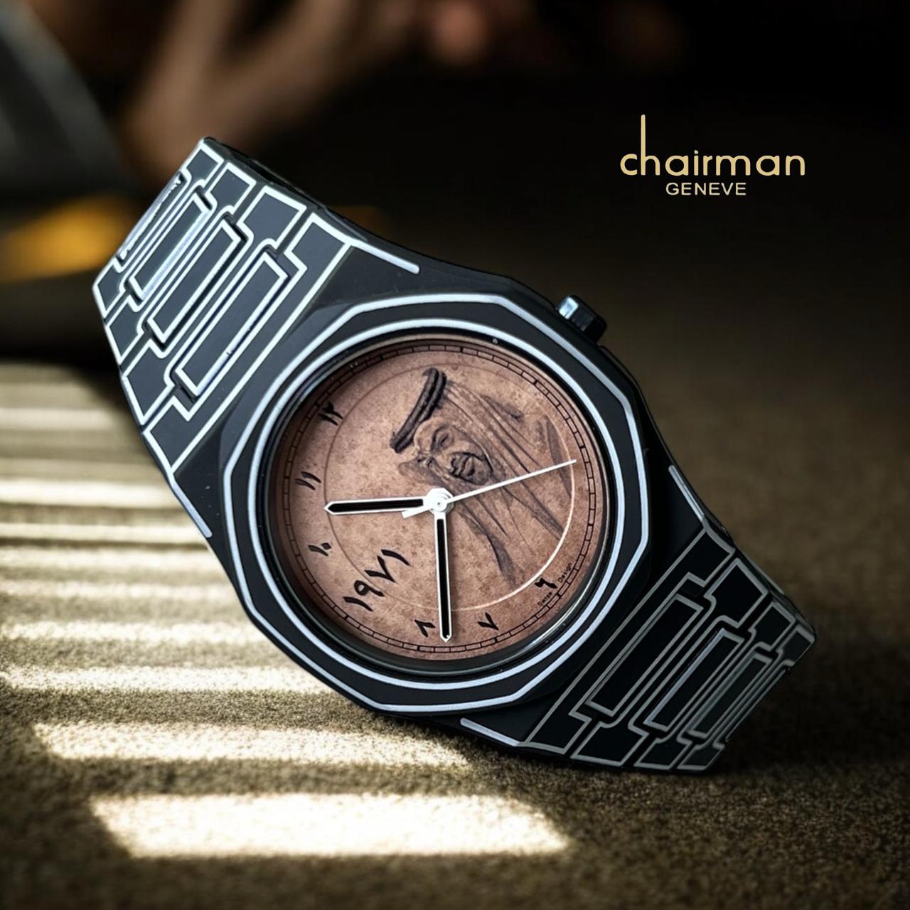 رئيس مجلس إدارة جنيف الإمارات العربية المتحدة الشيخ صورة عربية ساعة بنية اللون باللونين الأبيض والأسود
