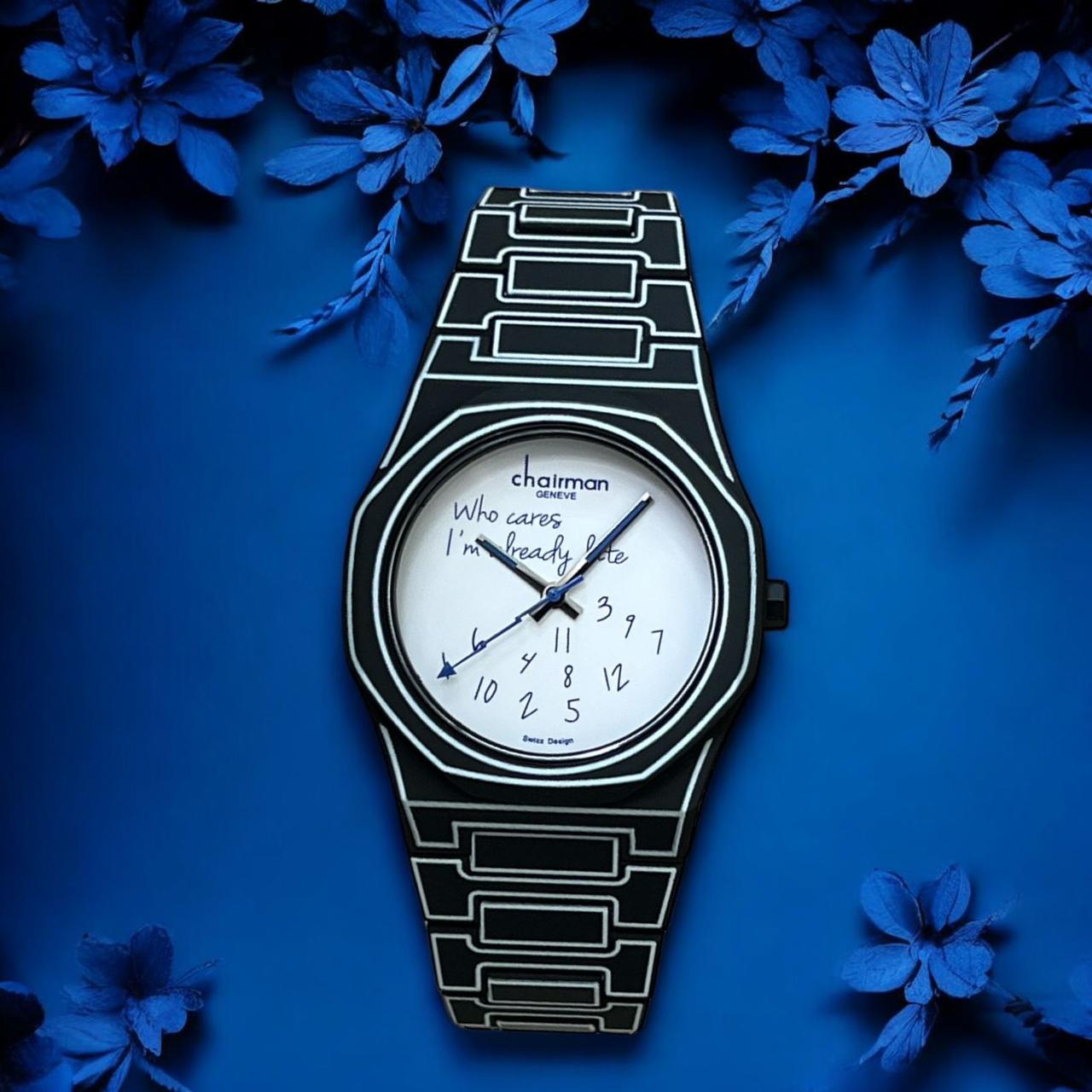 ساعة تشيرمان جينيف للرجال بمينا أبيض وحزام أسود وأبيض