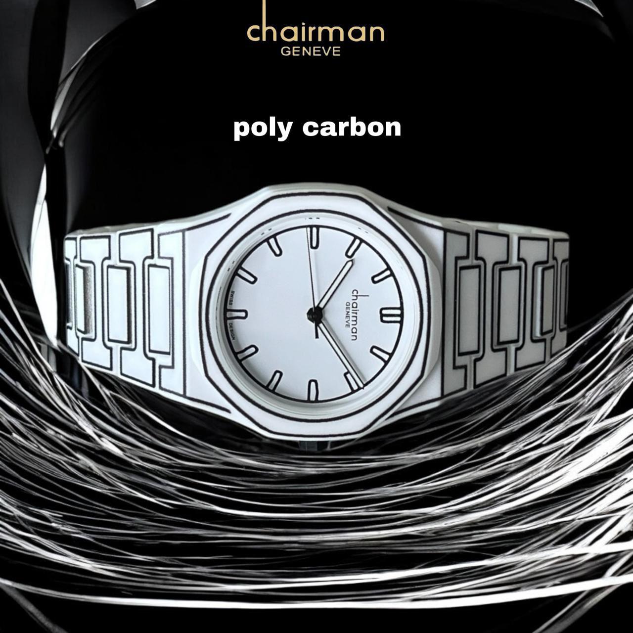 ساعة تشيرمان جينيف للرجال بمينا أبيض وحزام أبيض من البولي كربون