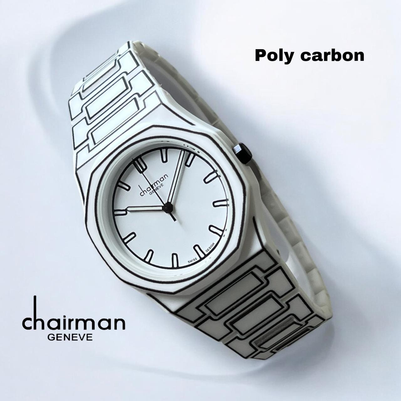 ساعة تشيرمان جينيف للرجال بمينا أبيض وحزام أبيض من البولي كربون
