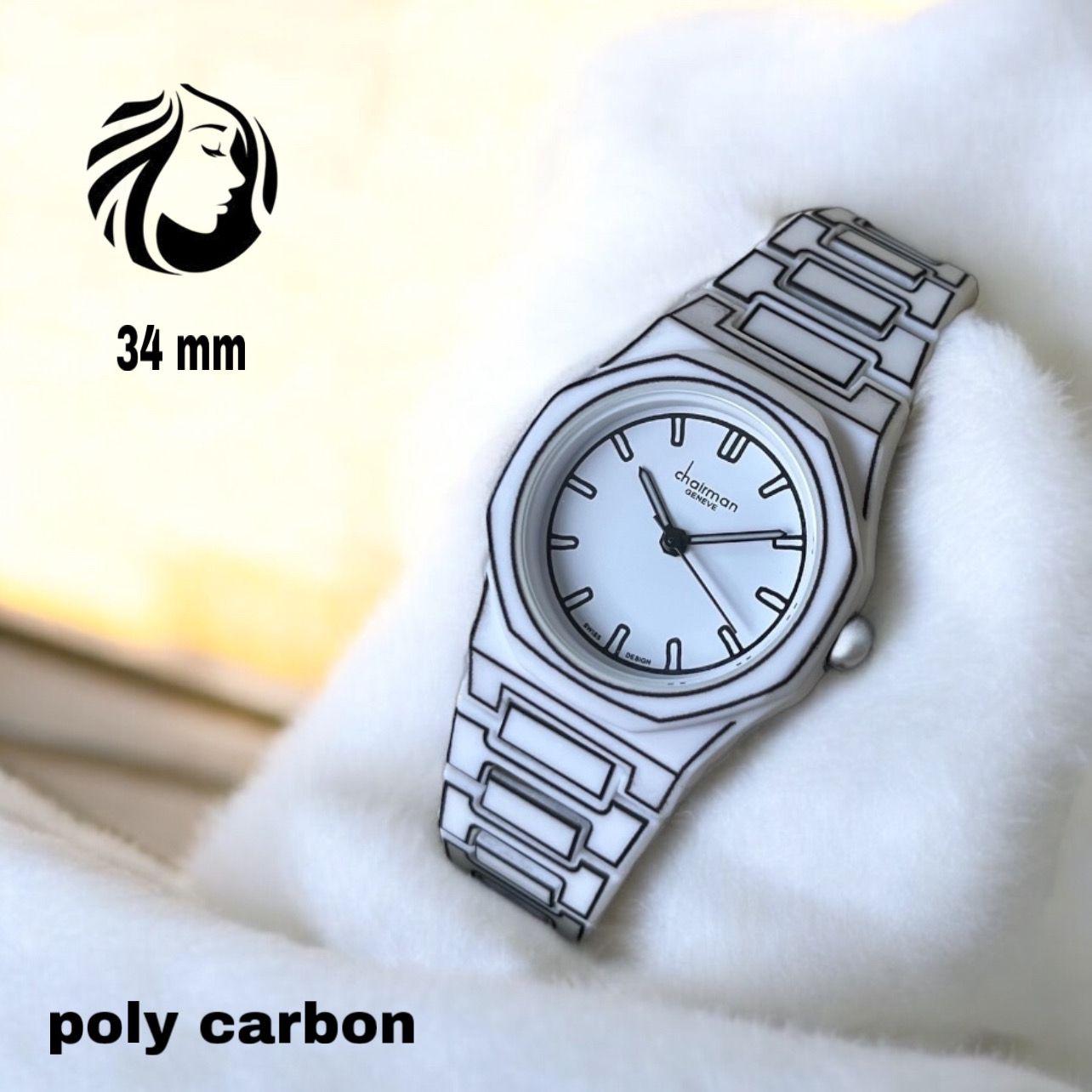 ساعة تشيرمان جينيف للرجال بمينا أبيض وحزام أبيض من البولي كربون