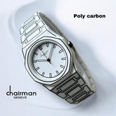 ساعة تشيرمان جينيف للرجال بمينا أبيض وحزام أبيض من البولي كربون