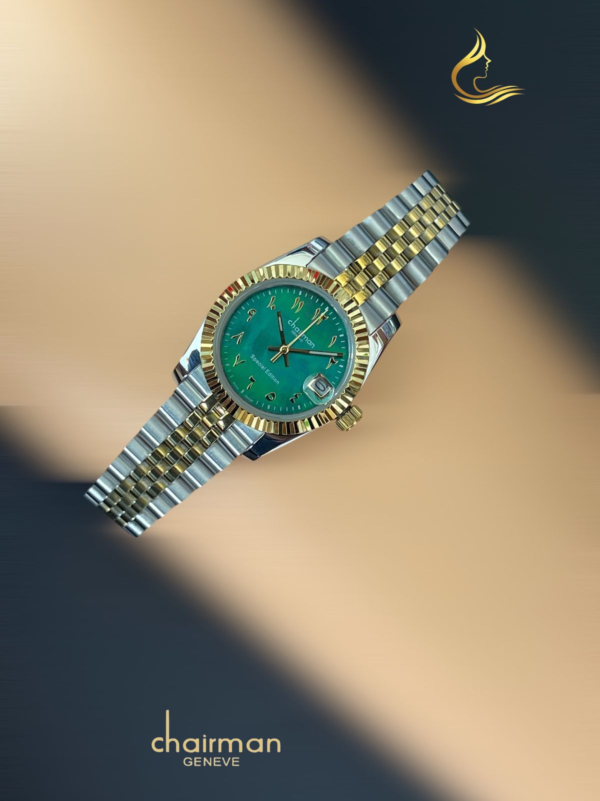 Green Arabic Dated Dial Silver And Gold Chain Ladies Watch