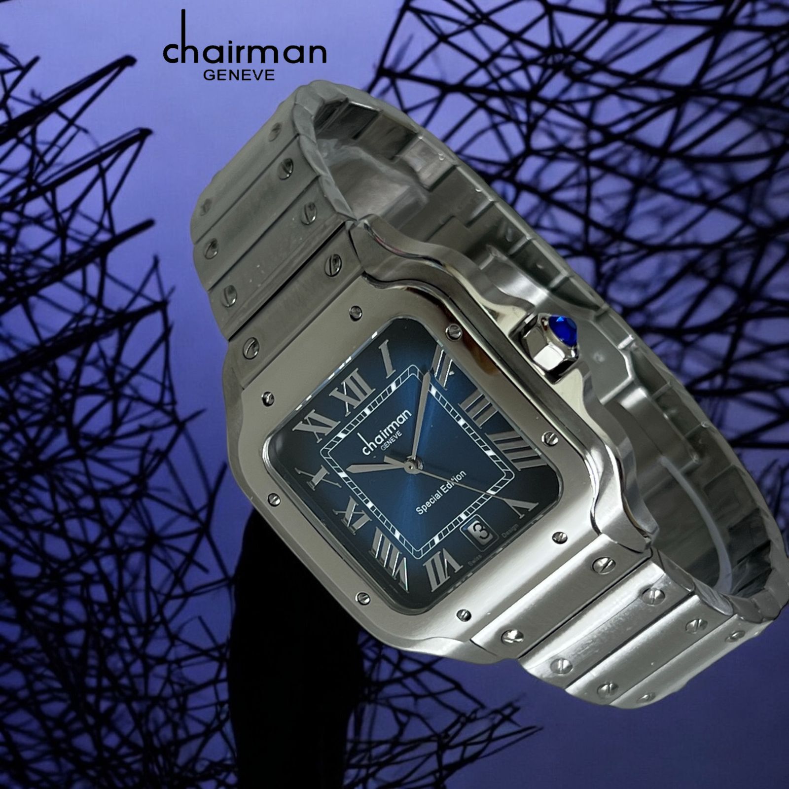 Roman Blue Dated Dial Chairman Geneve Silver Chain Gents Watch