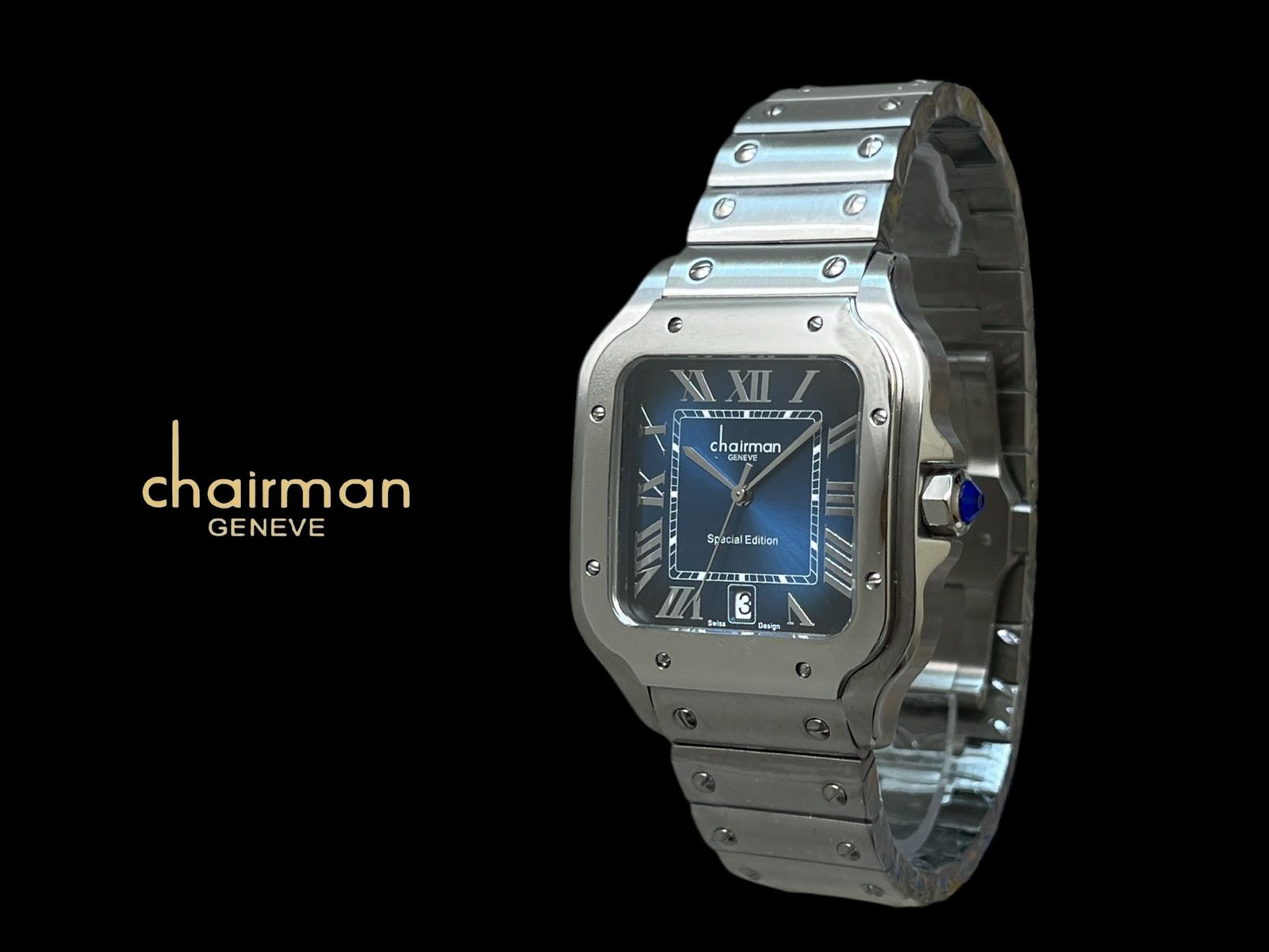 Roman Blue Dated Dial Chairman Geneve Silver Chain Gents Watch