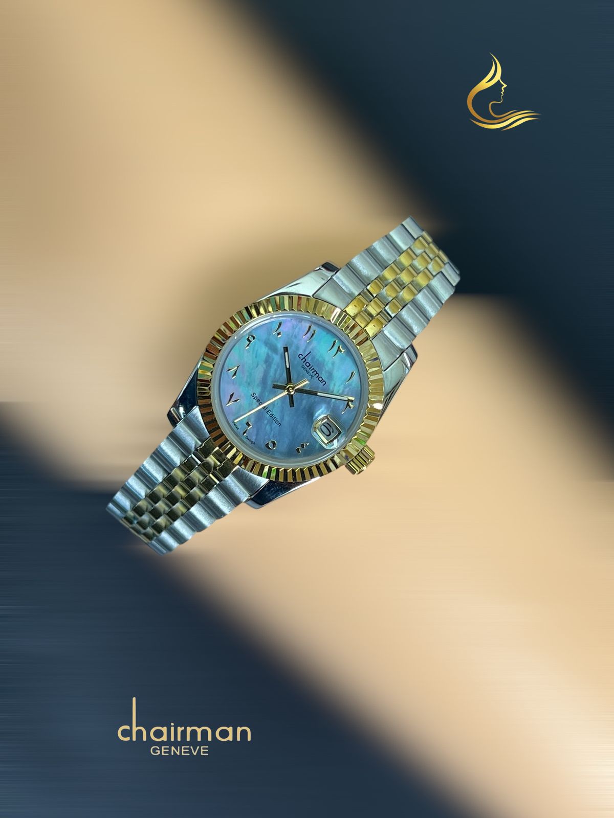 ساعة تشارمر جينيف نسائية باللون الأزرق السماوي، مينا عربية مؤرخة، فضية وذهبية