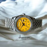 ساعة تشيرمان جينيف العربية ذات الإصدار الخاص للرجال بمينا أصفر وسلسلة فضية