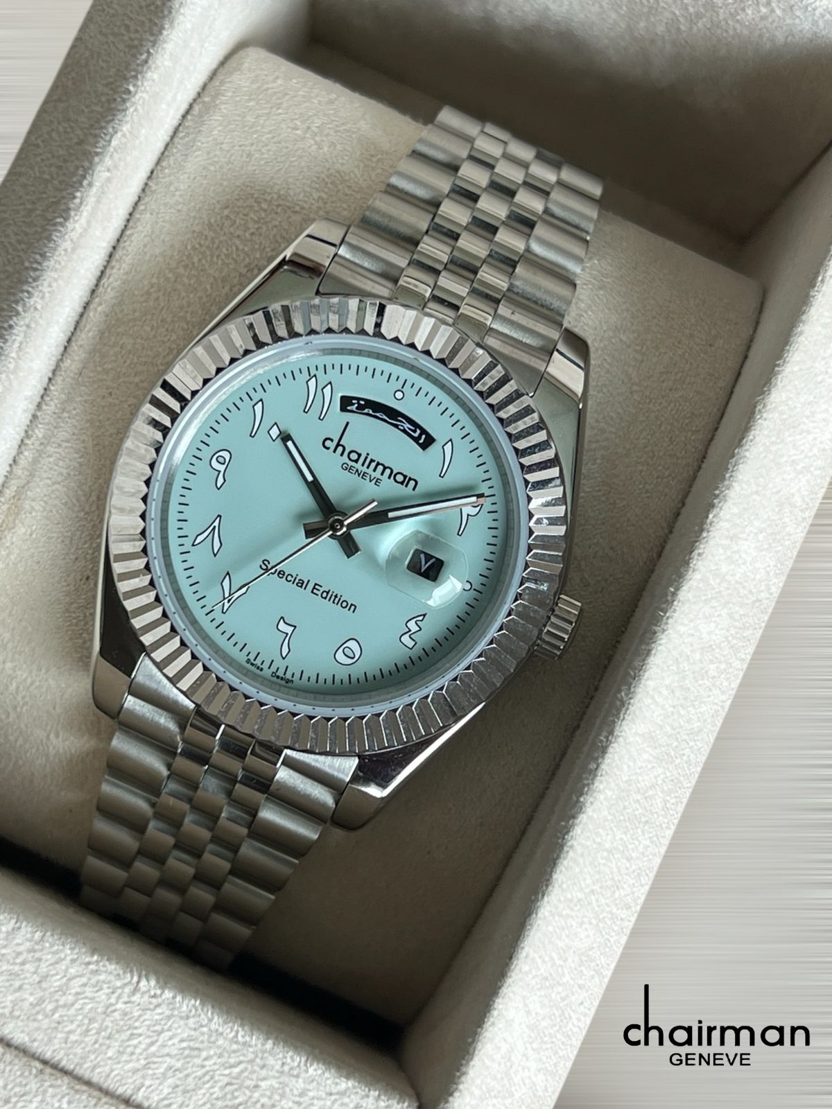 ساعة رجالية بإصدار خاص، زرقاء سماوية، مينا عربية، سلسلة فضية، مؤرخة