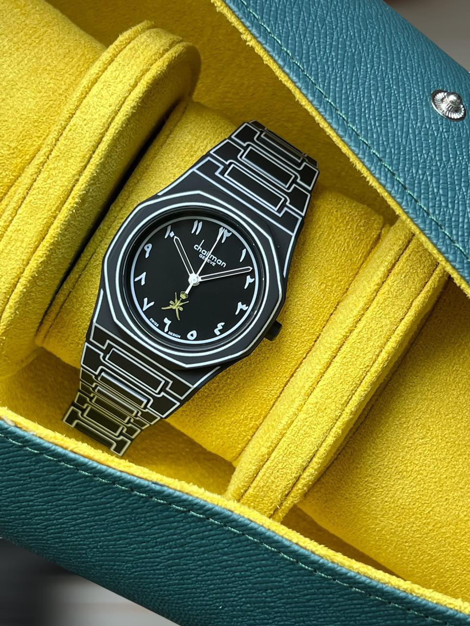 ساعة تشامبير جينيف للرجال بتصميم سويسري بمينا باللونين الأبيض والأسود