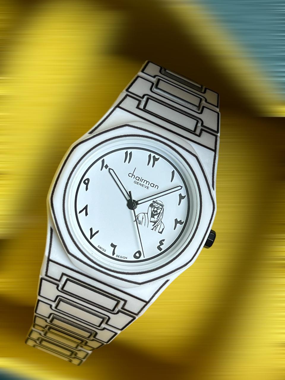 ساعة سويس ديزاين تشيرمان جنيف عربية للرجال بمينا أبيض وسوار أبيض وأسود