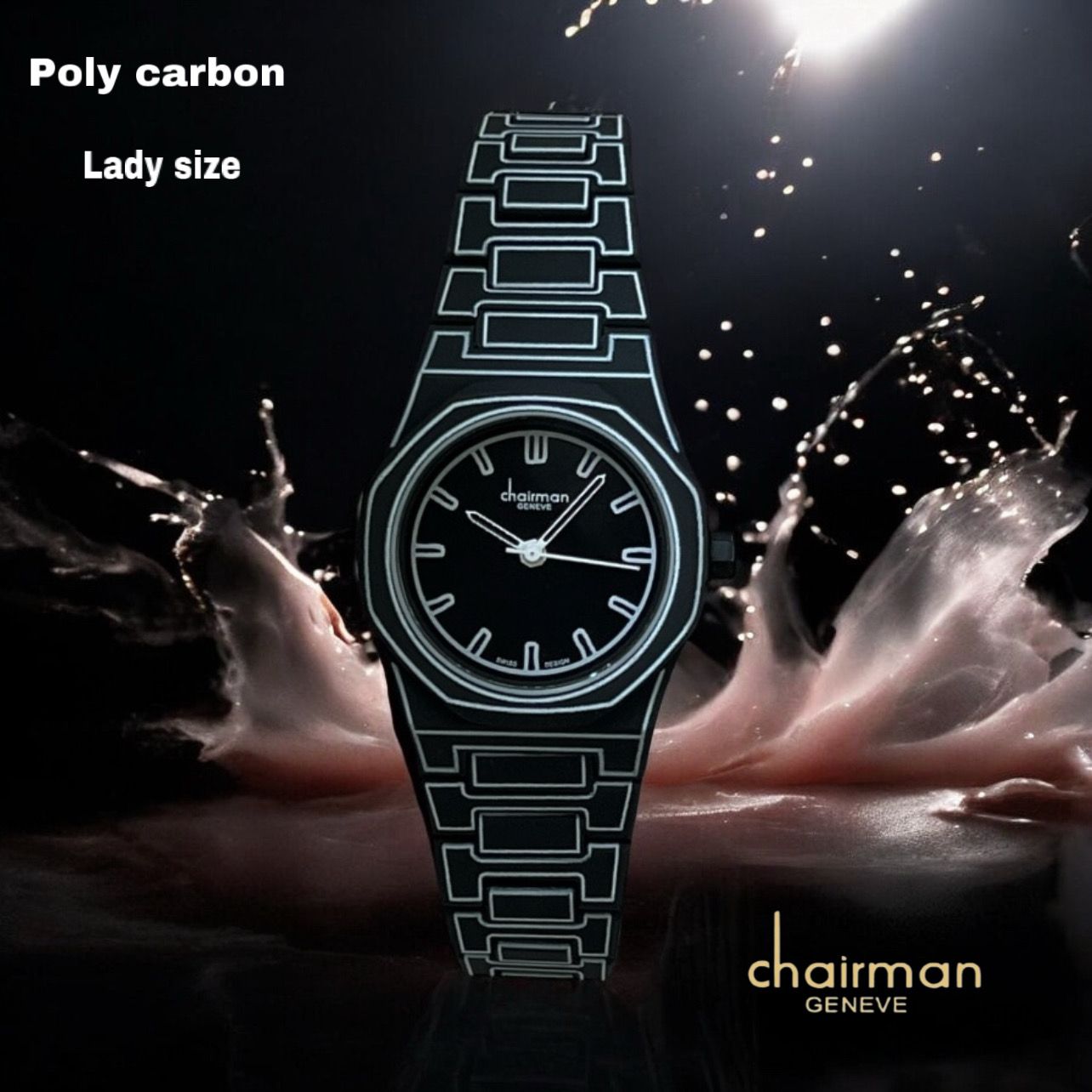 ساعة سويسرية من تصميم رئيس مجلس الإدارة جينيف باللون الأسود من بولي كربون مقاس نسائي