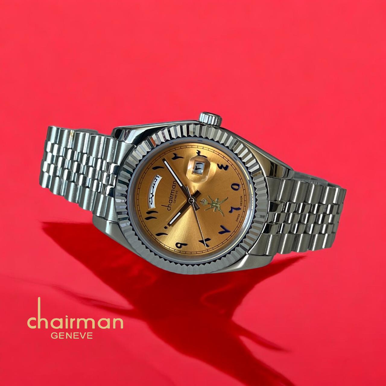 ساعة سويسرية بتصميم رئيس مجلس إدارة جينيف داي أند ديتد للرجال بمينا برتقالية وسلسلة فضية