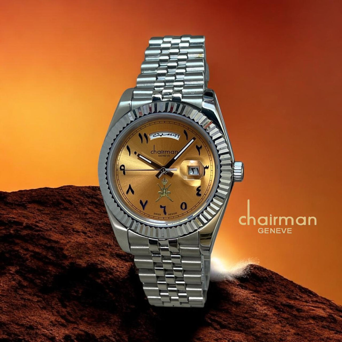 Swiss Design Chairman Geneve Day And Dated Orange Dial Silver Chain Gents Watch