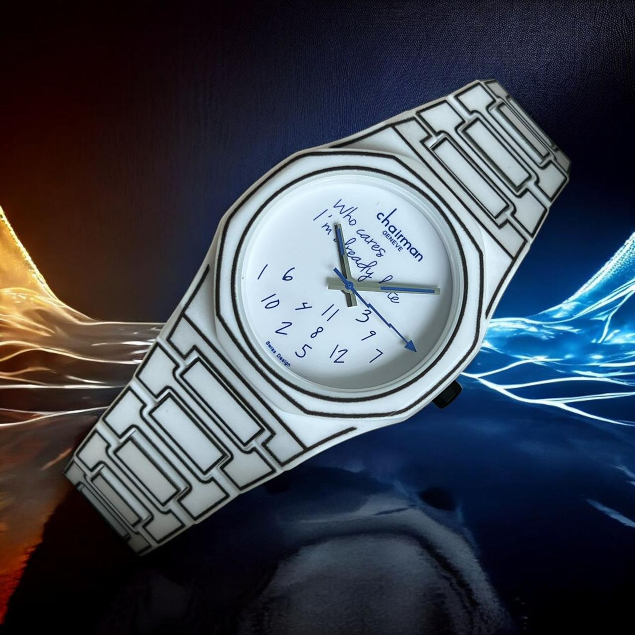 ساعة سويس ديزاين تشيرمان جينيف للرجال بمينا أبيض وحزام أسود وأبيض