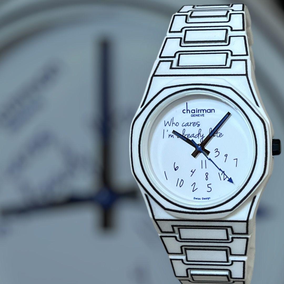 ساعة سويس ديزاين تشيرمان جينيف للرجال بمينا أبيض وحزام أسود وأبيض