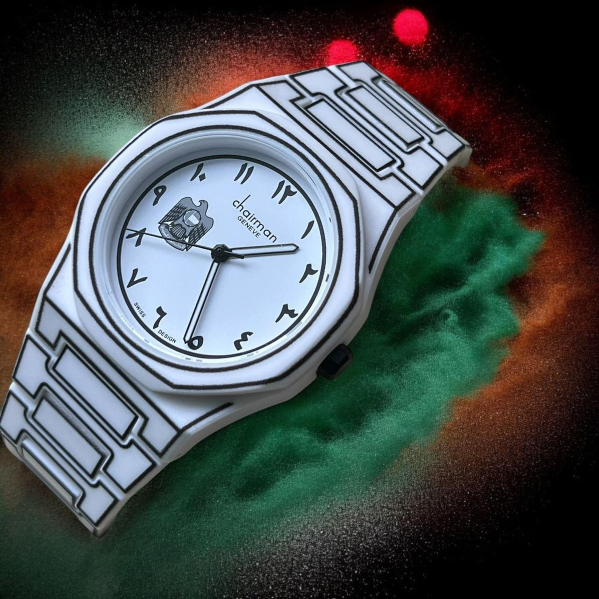UAE Emblem Arabic White Dial Chairman Geneve White And Black Gents Watch