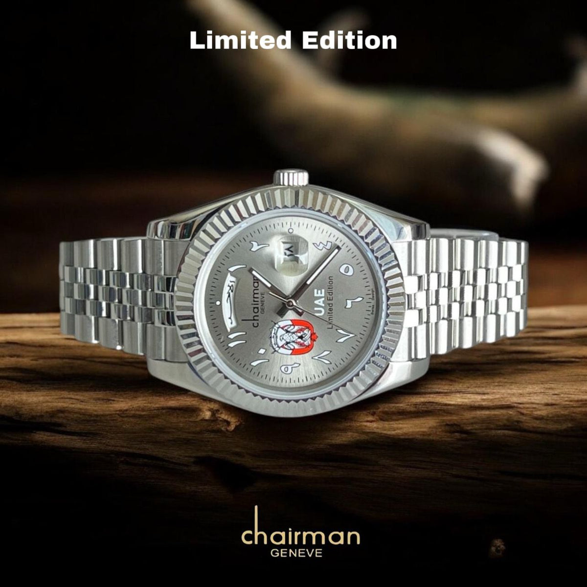 UAE Limited Edition Grey Arabic Day And Dated Chairman Geneve Silver Chain Gents Watch
