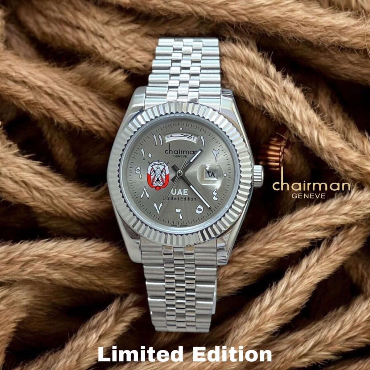 UAE Limited Edition Grey Arabic Day And Dated Chairman Geneve Silver Chain Gents Watch