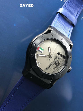 Zayed UAE Flag Blue Strap Metallic Dial Men's Watch